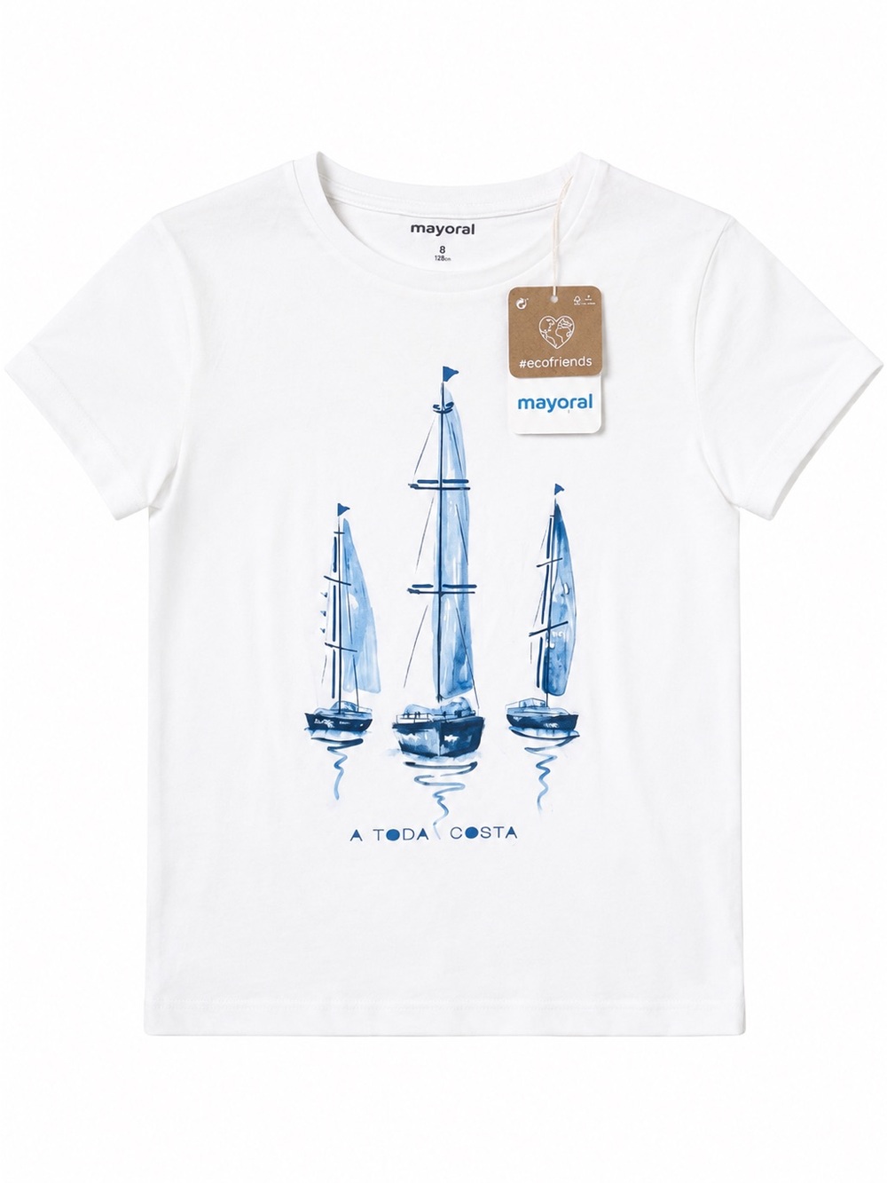 Mayoral Boy White Tee with Blue Sailboat Watercolor Print